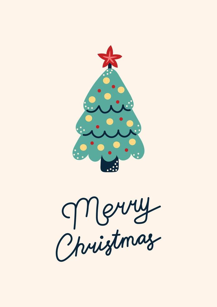 Christmas Card with Christmas Tree. Greeting card on dark background. Christmas and New Year. illustration. vector