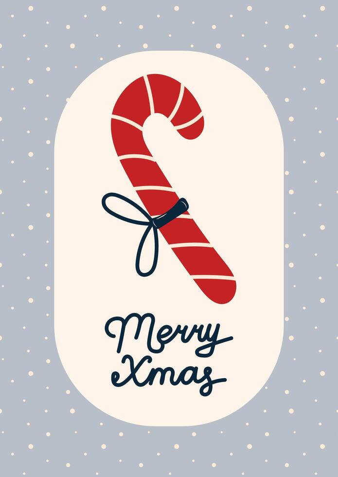 Merry Christmas Card with Candy Cane. Greeting card on light beige background and grey frame. Christmas and New Year. illustration. vector