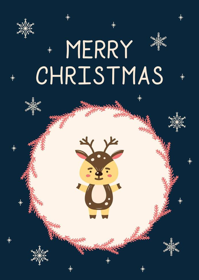 Reindeer Christmas Card. Greeting card on dark background. Christmas and New Year. illustration. vector