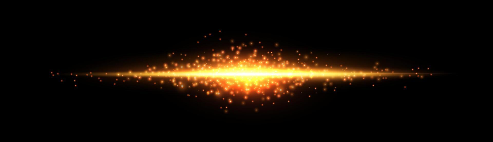 Gold horizontal lensflare. Light flash with rays or gold spotlight and bokeh. Yellow glow flare light effect. vector