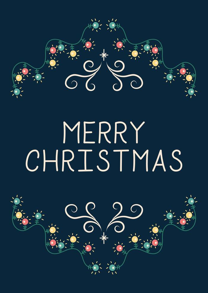 Merry Christmas card with garlands and ornate ornament. Greeting card on dark background. Christmas and New Year. illustration. vector