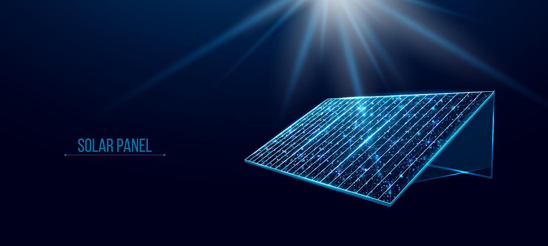 Solar battery, solar panel. Renewable alternative energy concept with glowing low poly panel on dark blue background. Wireframe low poly design. vector
