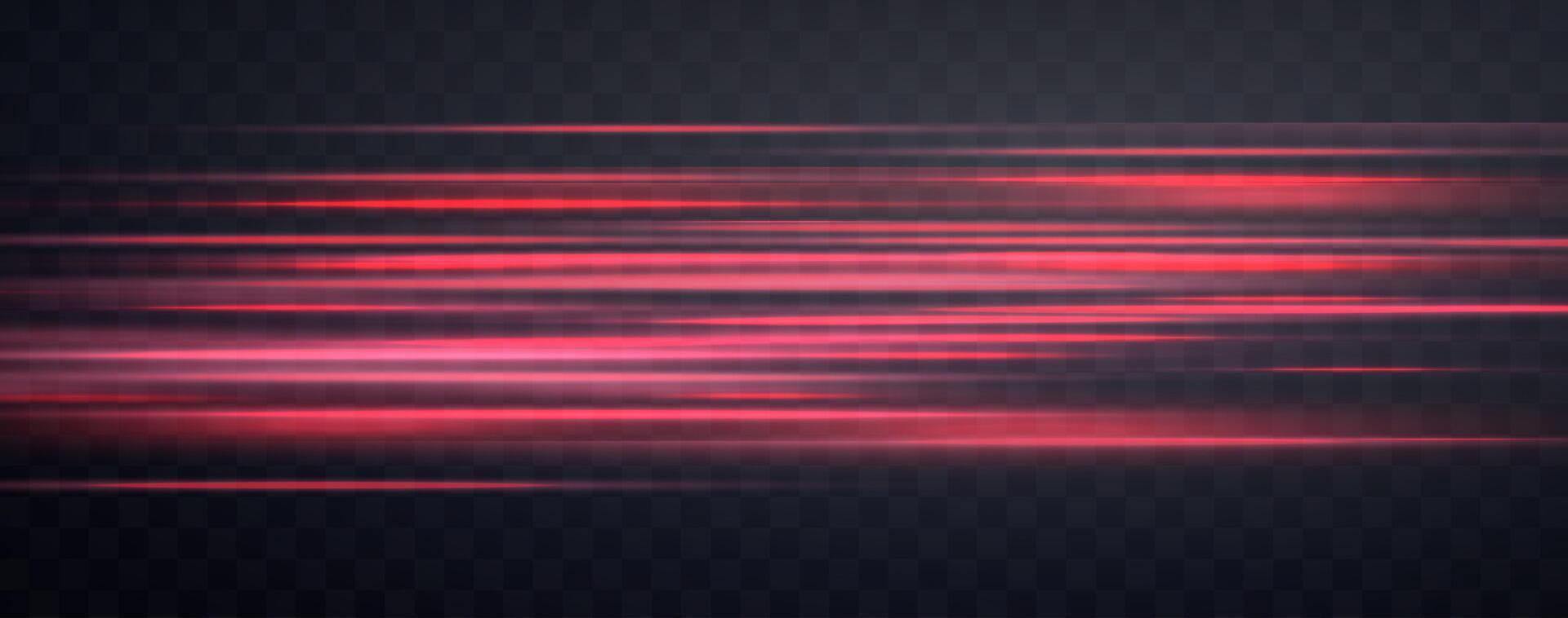 Speed rays, velocity light neon flow, zoom in motion effect, red glow speed lines, colorful light trails, stripes. vector