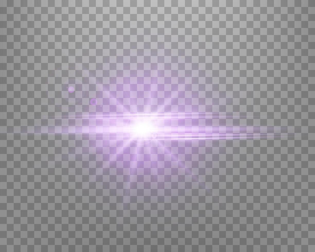 Purple sunlight lens flare, sun flash with rays and spotlight. Glowing burst explosion vector