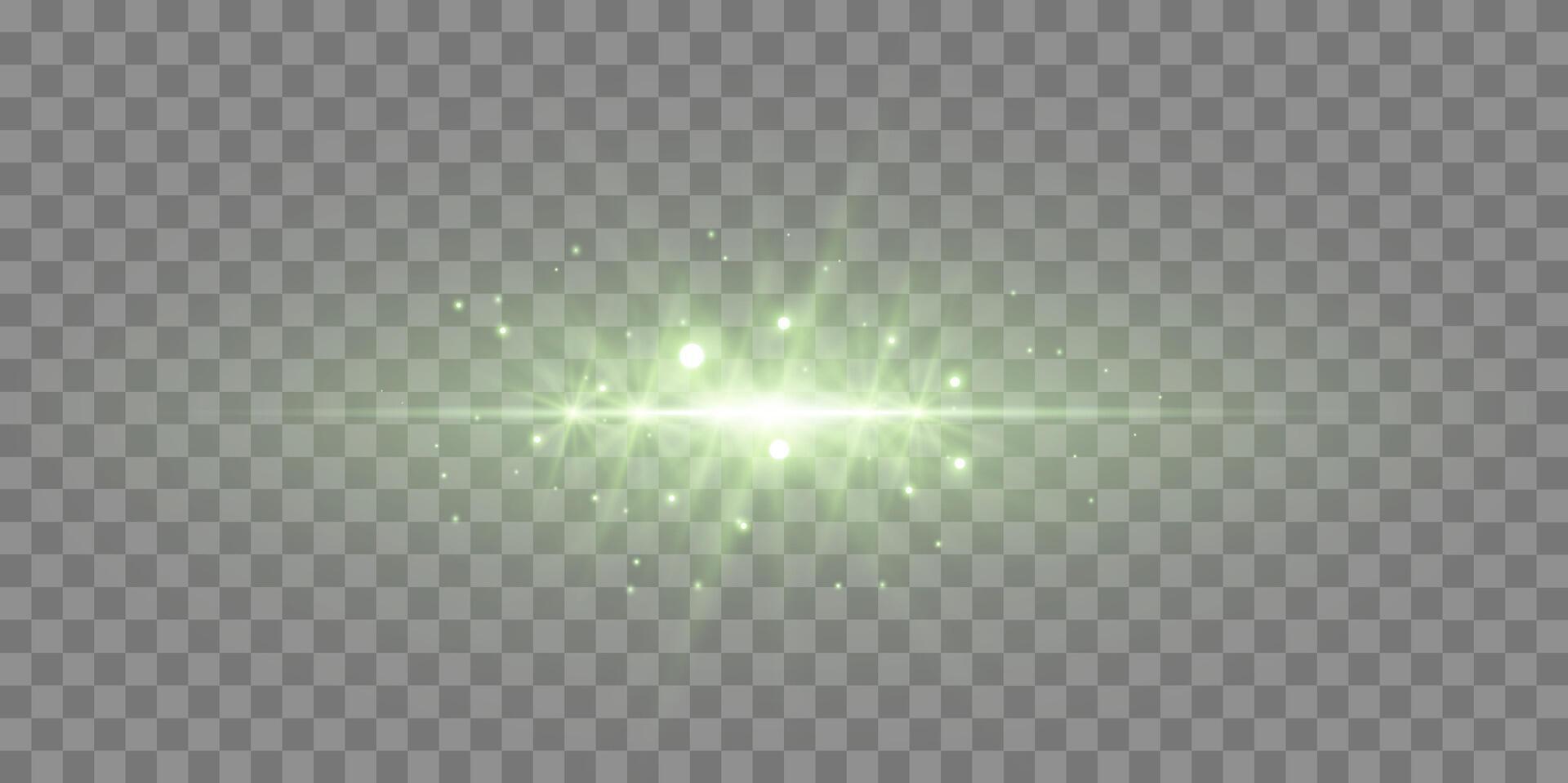Green horizontal lensflare. Light flash with rays or green spotlight. Glow flare light effect. vector