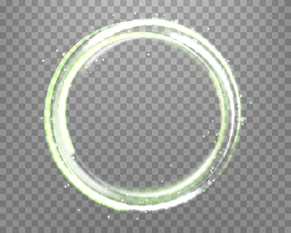 Silver and green glowing magic ring. Neon realistic energy flare halo ring. Abstract light effect vector