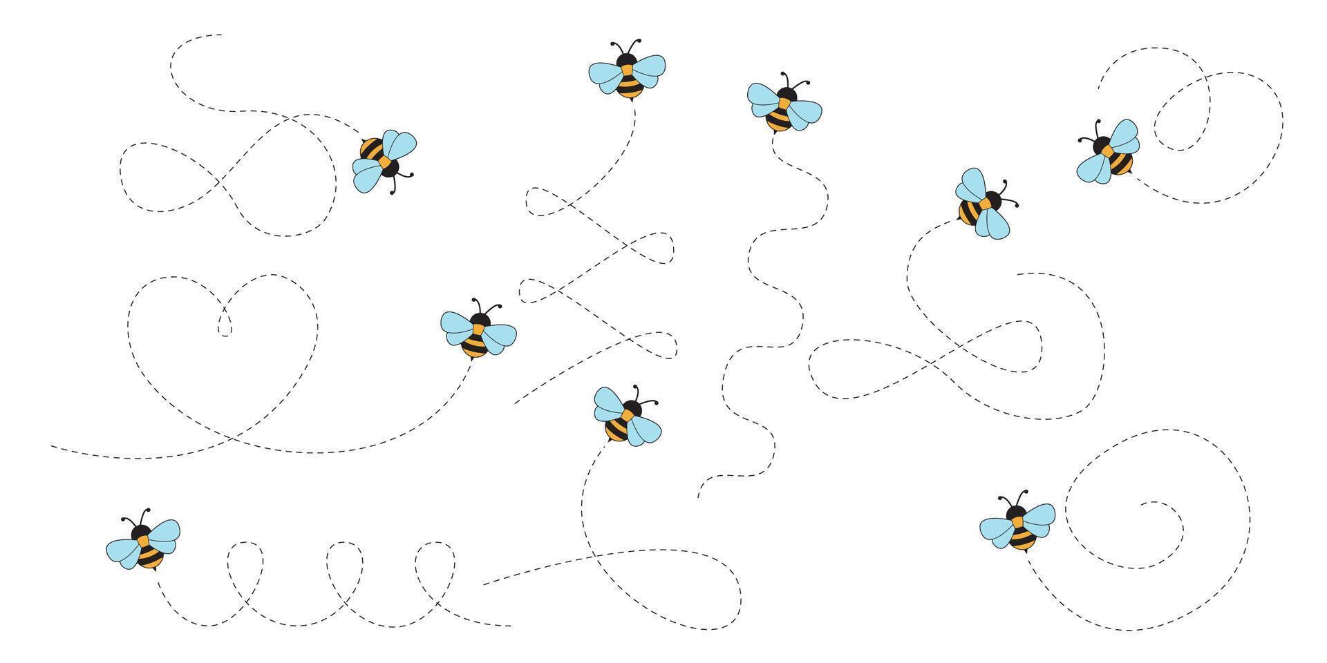 Charming Bees Buzzing Across the Canvas. Playful Dotted Trails Forming Spirals, Loops, and a Heart-Shaped Design vector