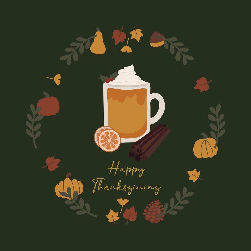 Autumn Fall Thanksgiving garland wreath concept design. Cozy flat hand drawn latte spice elements illustration. For present tags, card, scrapbooking, invitation, social media, post, prints vector