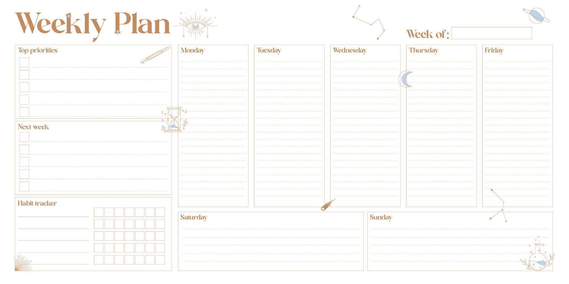Bullet journal template. Weekly, daily planer. Mental health planer. Celestial elements vector