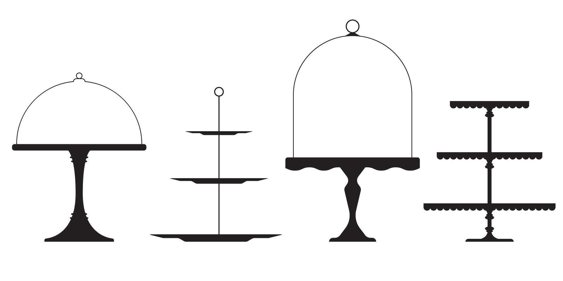 Wedding Tea Cake Platter, Isolated Stand Tray Silhouette. Retro Table Stand, Pedestal And Display Plate For Desserts, Sweet Food And Pastries. Serving Cake Display Platter, Tiered Stand vector