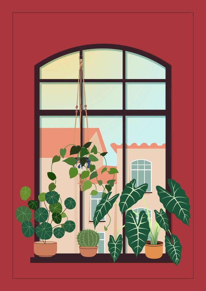 New home colorful greeting card, print, poster, housewarming invitation. New place to live in a postcard with potted plants on the window sill, cityscape, and red background. Flat illustration. vector