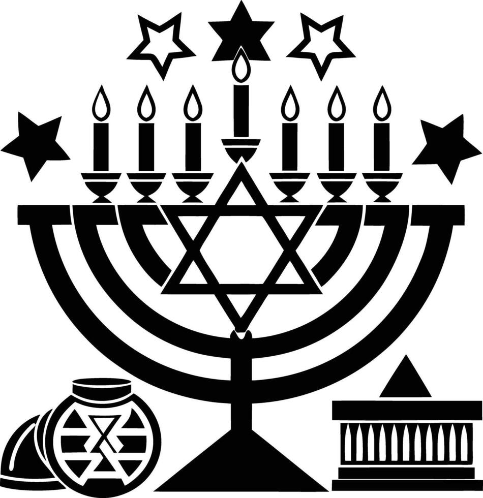 A black and white image of a menorah with candles vector