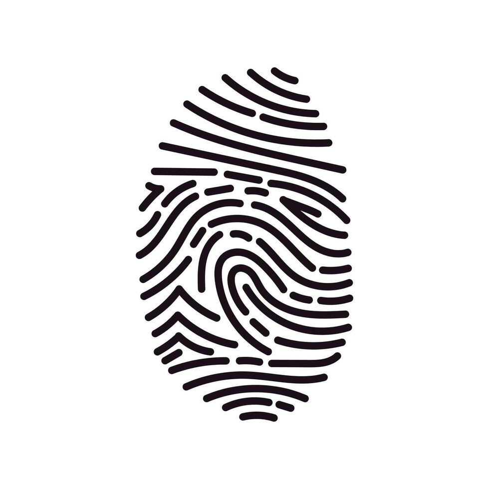 Digital fingerprint, traces of friction ridges of human fingers, fingerprint lock secure, method of forensic science, person's identification, monochrome fingerprint flat illustration. vector