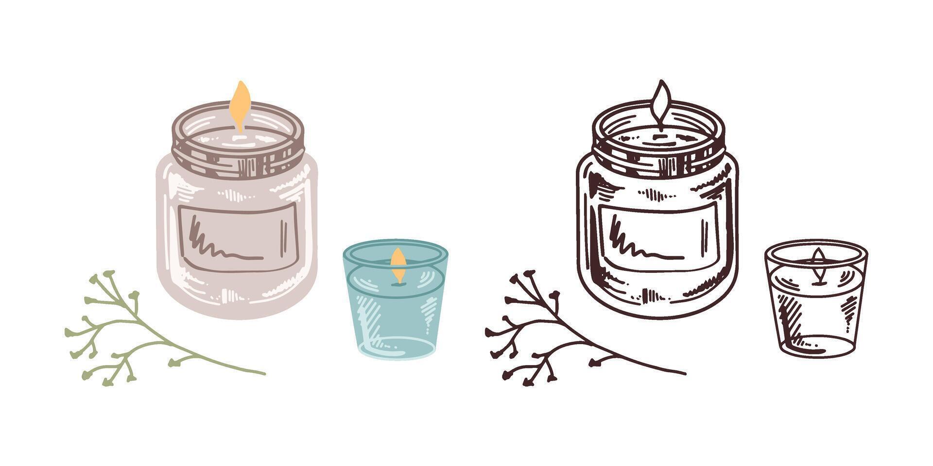 Hand-drawn flat style wax candles in a glass jar-candlesticks with a twig. Beauty cosmetic element, self care. Sketch style. vector