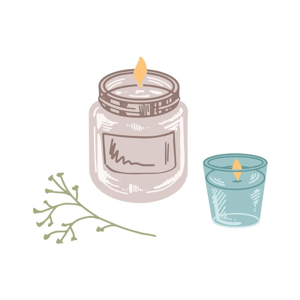 Hand-drawn flat style wax candles in a glass jar-candlesticks with a twig. Beauty cosmetic element, self care. Sketch style. vector