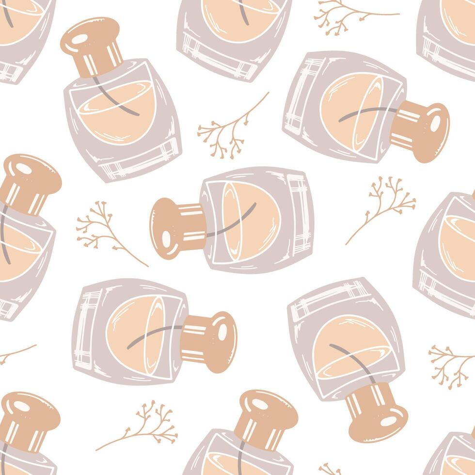 Seamless pattern flat style perfume bottle, beauty cosmetic element, self care. Illustration for beauty salon, cosmetic store, makeup design. Doodle sketch style. vector