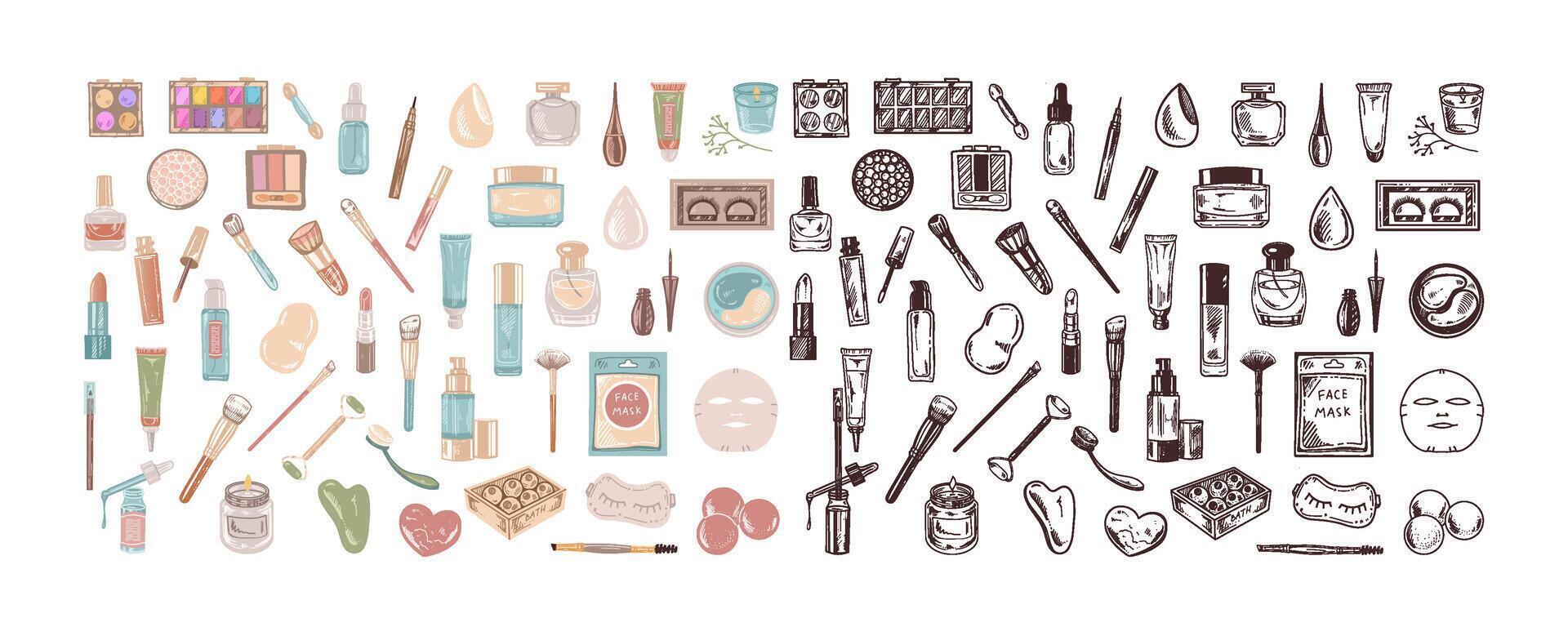 A set of flat and doodle style sketches of cosmetics, beauty, self-care, spa elements. Illustration for beauty salon, cosmetic store, makeup design. Engraved image. vector