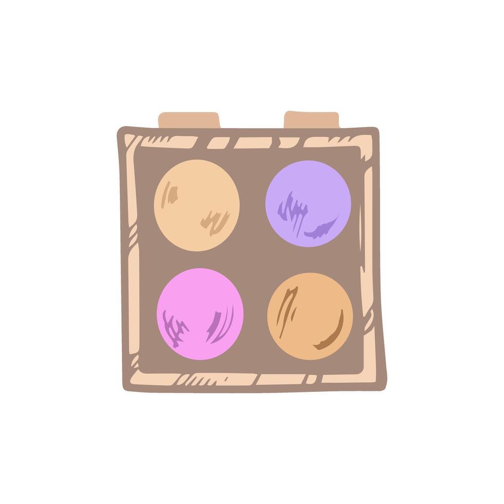 Flat style eyeshadow palette, beauty cosmetic element, self care. Illustration for beauty salon, cosmetic store, makeup design. Doodle sketch style. vector