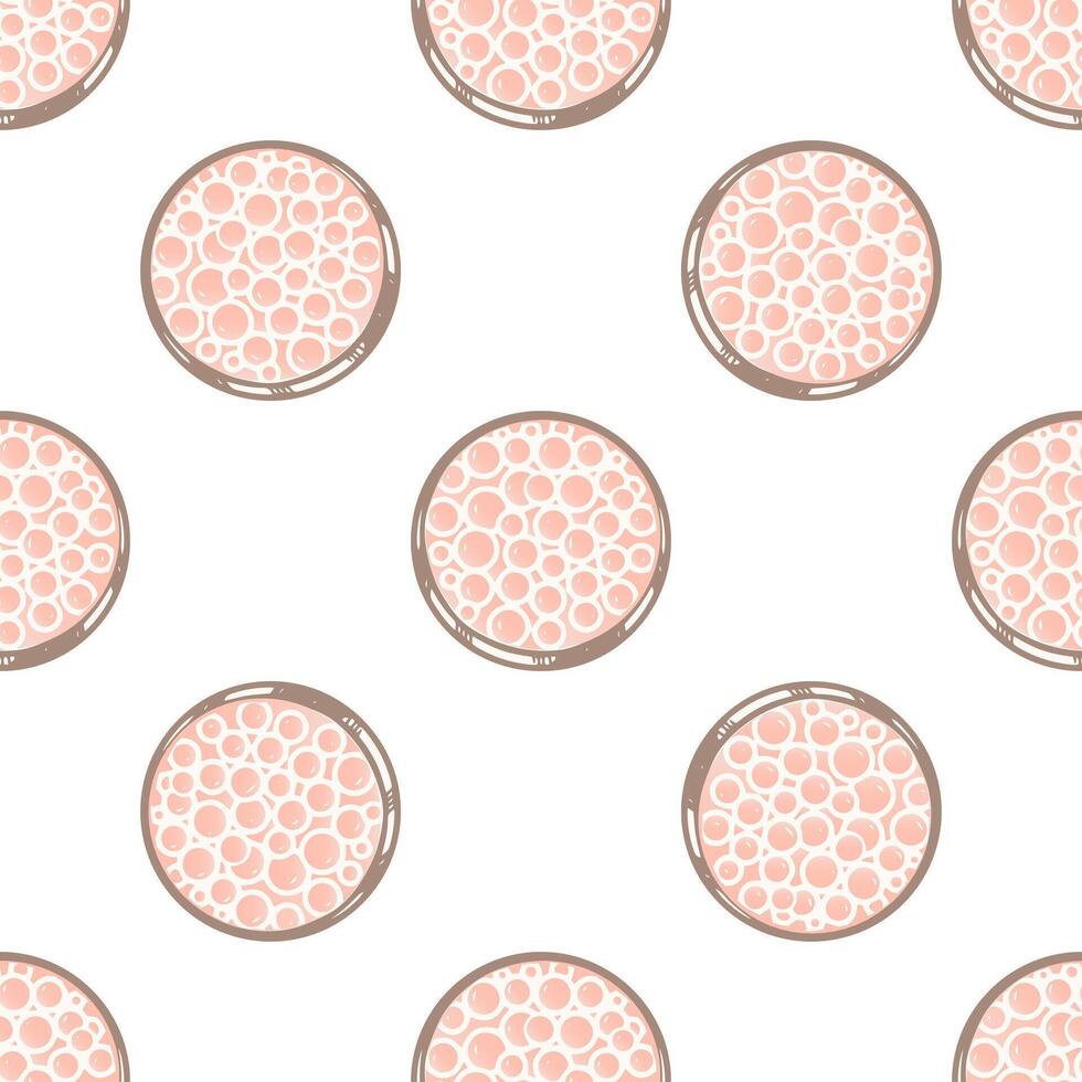 Flat style blush in balls seamless pattern, beauty cosmetic element, self care. Illustration for beauty salon, cosmetic store, makeup design. vector