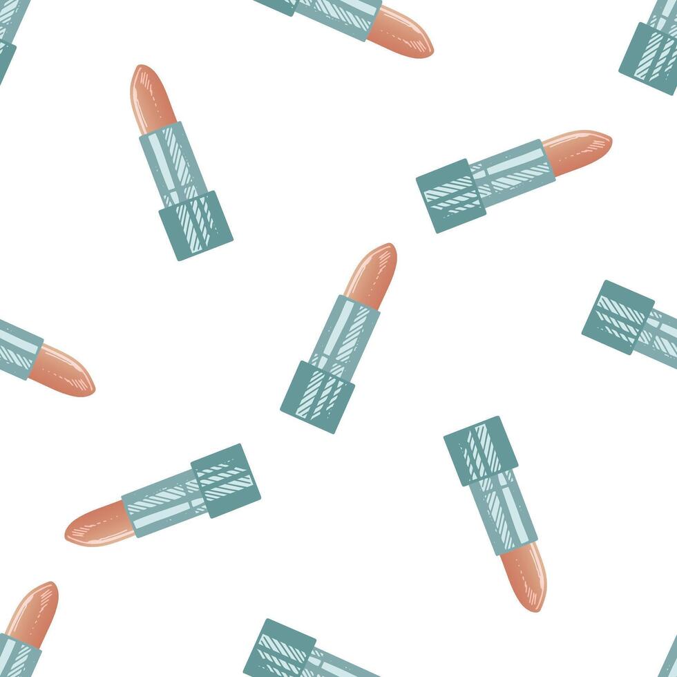 Flat style lipstick, beauty cosmetic element, self care seamless pattern. Illustration for beauty salon, cosmetic store, makeup design. Doodle sketch style. vector