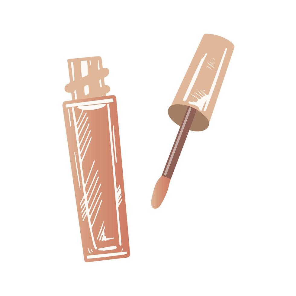 Flat style lip gloss, liquid lipstick or liquid eye shadow, beauty cosmetic element, self care. Illustration for beauty salon, cosmetic store, makeup design. Doodle sketch style. vector