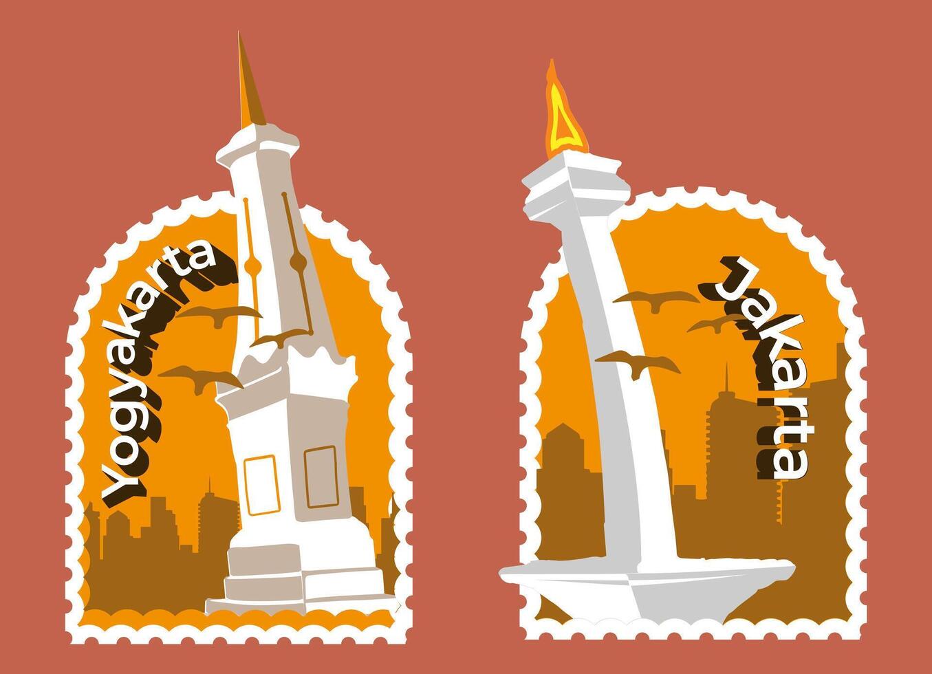 Retro Stamps illustration of monument in Yogyakarta And Jakarta City vector