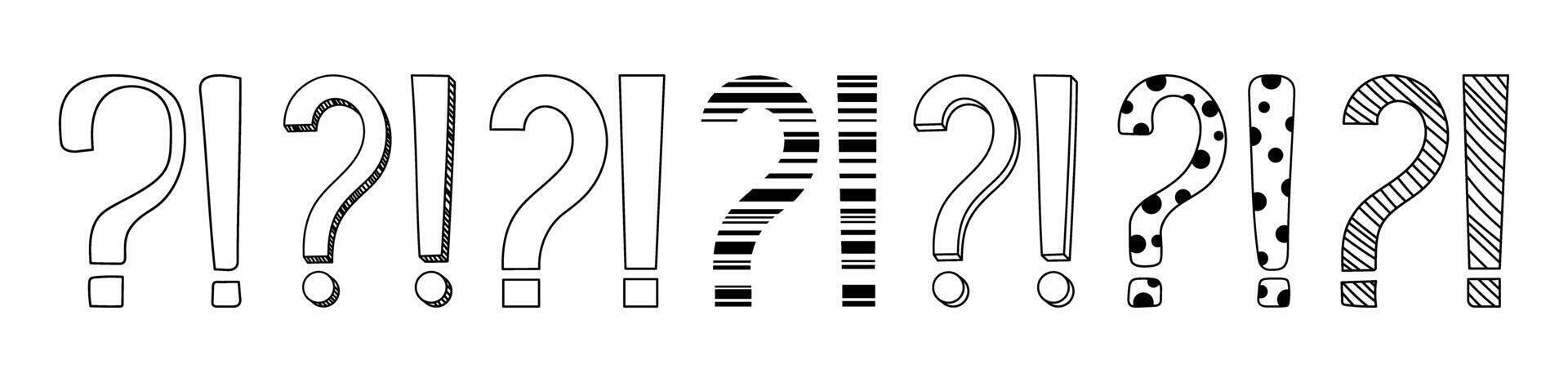 Doodle question and exclamation marks hand drawn sketch illustration set. vector