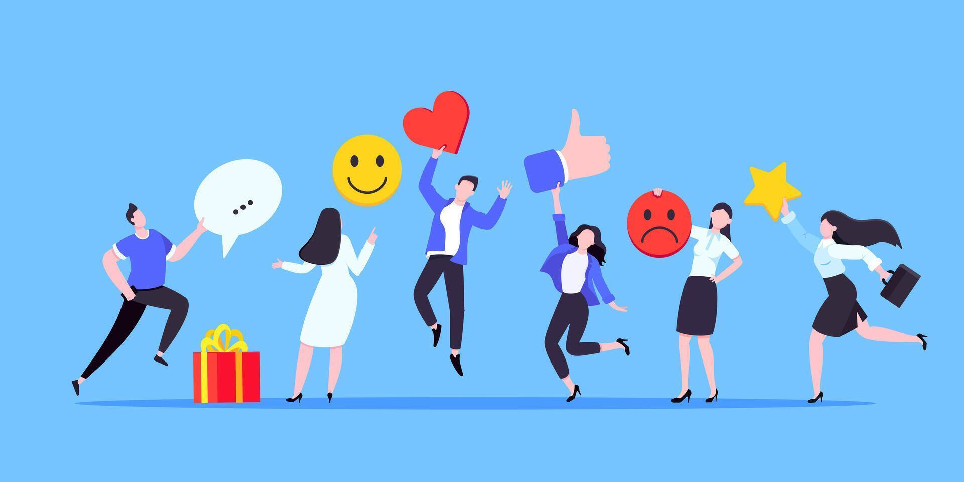 Employee feedback work satisfaction survey business concept flat illustration with tiny business people. vector