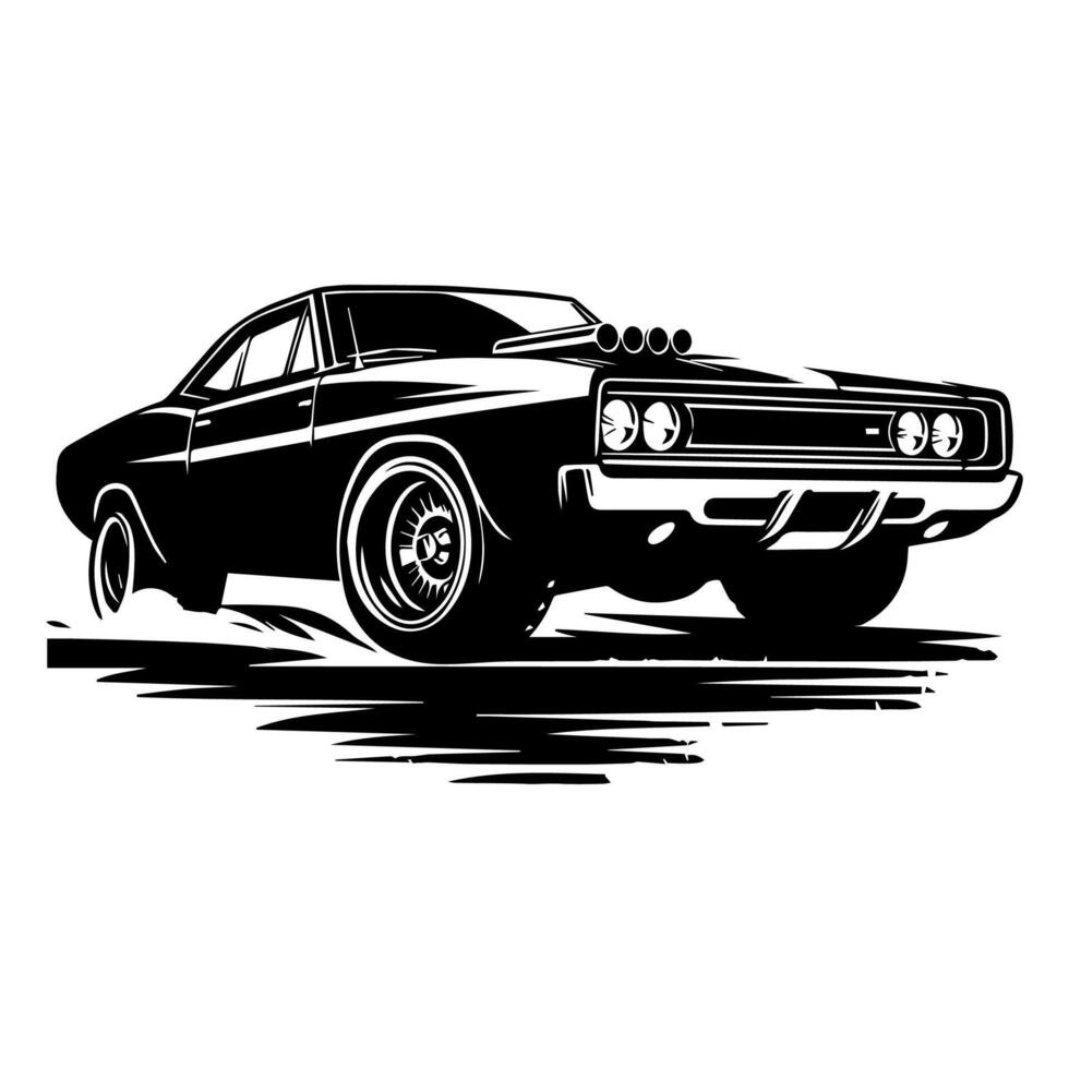 Timeless Silhouette of a 1970s Muscle Car with Wide Rear Tires for Apparel vector