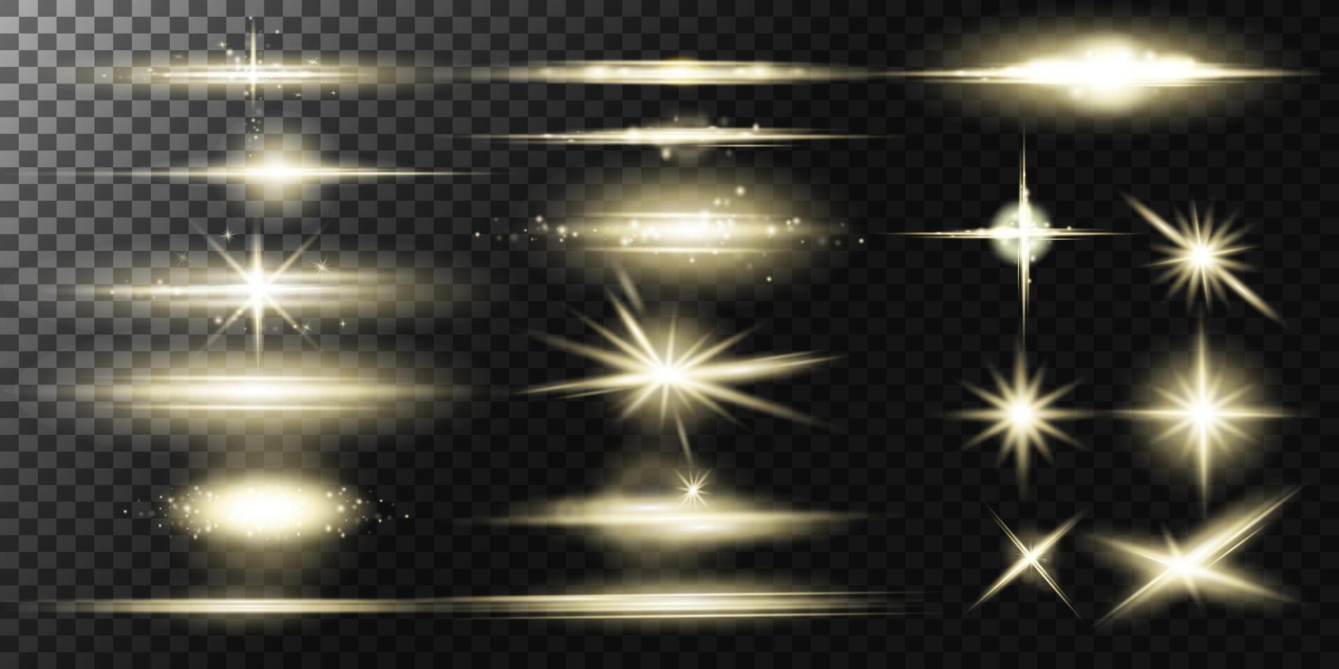 Set of glowing warm light effects, stripes, lines, sparkle, lens flares, light explosion, solar flare, stars on transparent background. Realistic Warm light effects vector