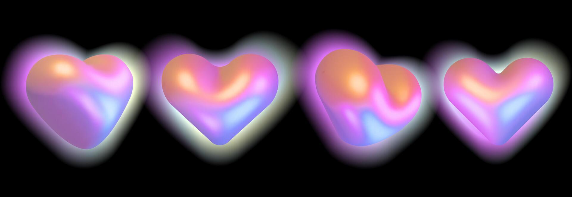 3D hologram hearts set. Holographic realistic icons of love symbols isolated on black background. Glowing shiny neon hearts shapes with various rotation positions. illustration vector