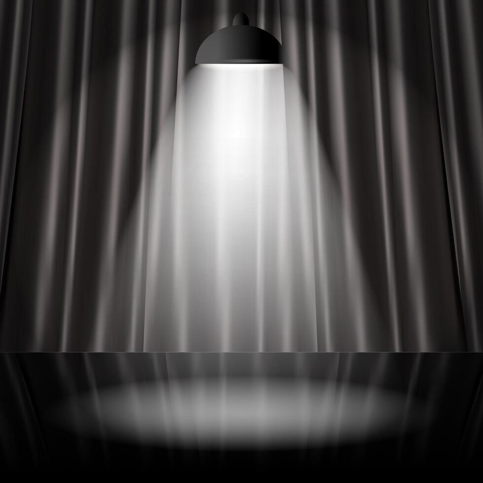 Stage with black curtains and one spotlight shining on glossy floor. Spotlight on dark stage 3d illustration. Realistic spot light shines from lamp on stage background. illustration vector