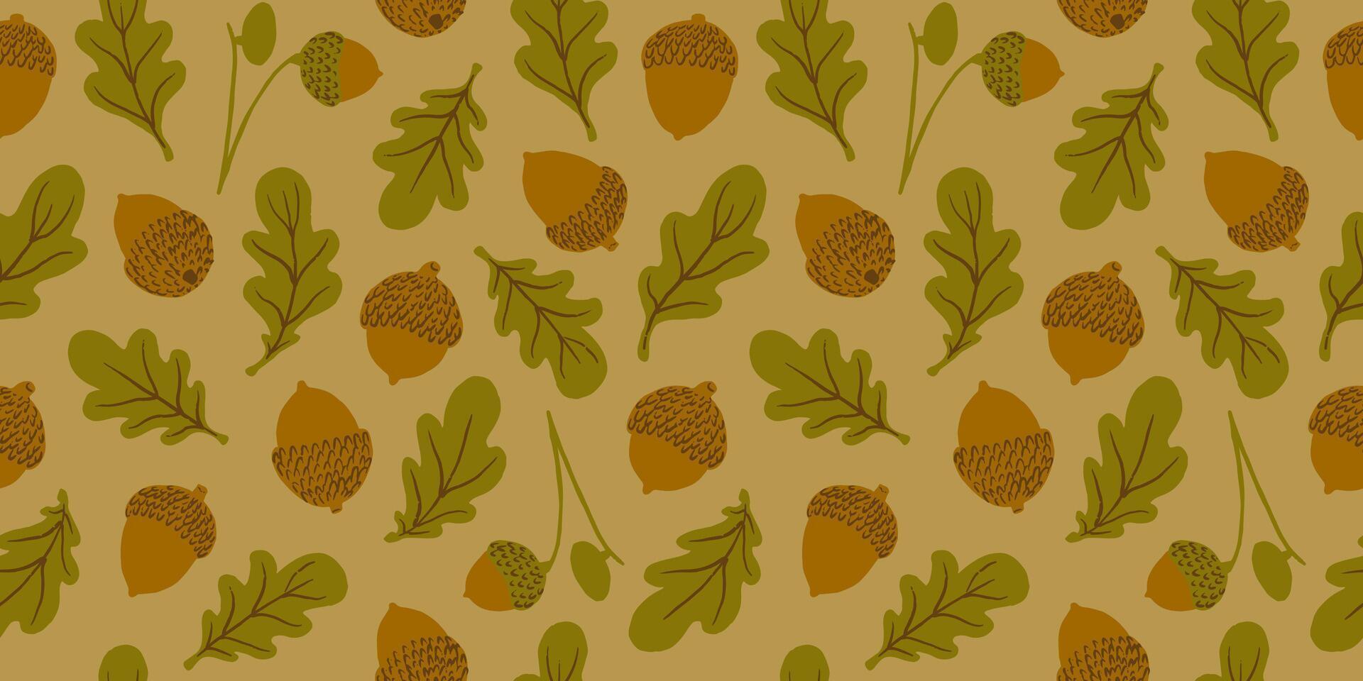 Oak tree leaves and cute acorns seamless pattern. Autumn, fall season wallpaper, background in autumnal, warm, cozy colours. Fabric, paper design. vector