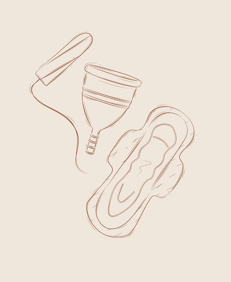 Tampon, women sanitary pad and menstrual cup composition drawing on beige background vector