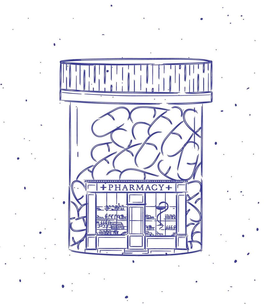 Pill box a storefront of pharmacy drawing in vintage style on white background vector