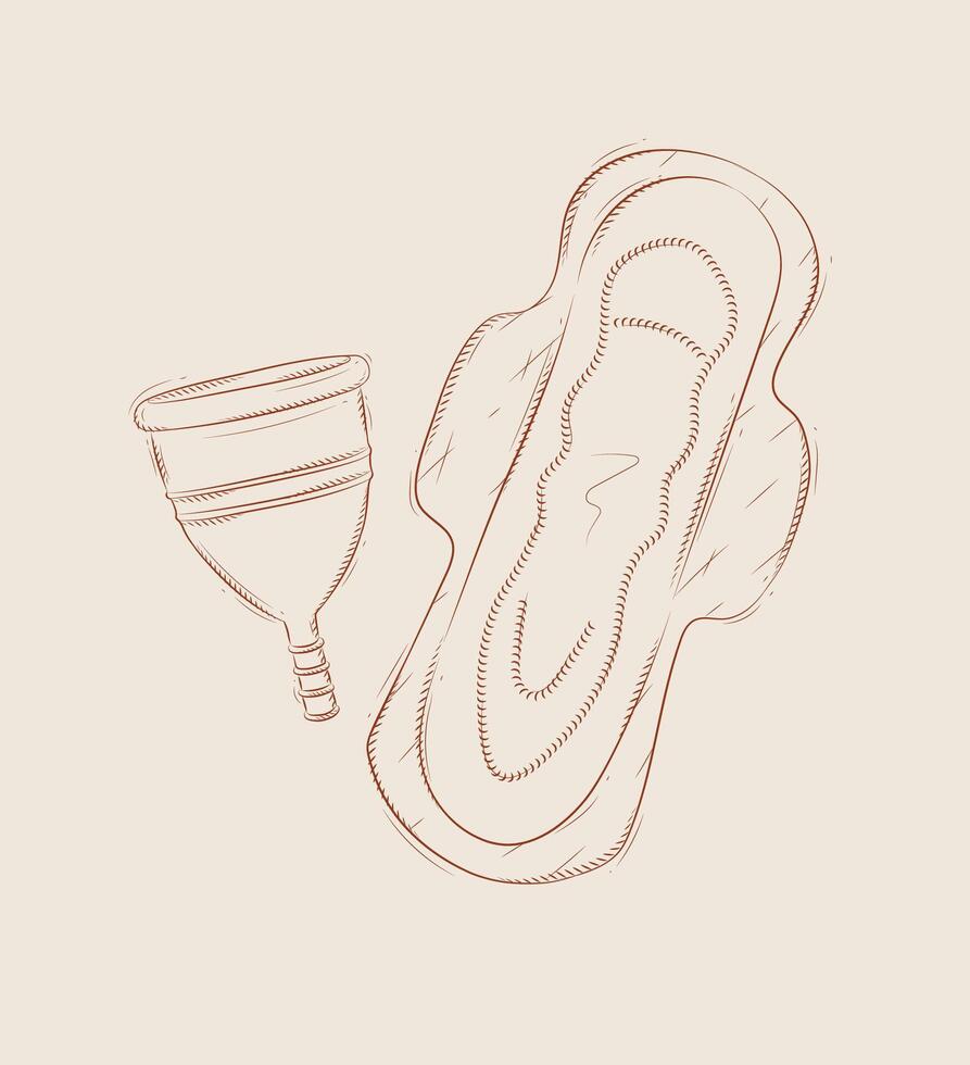 Menstrual cup and women sanitary pad composition drawing on beige background vector