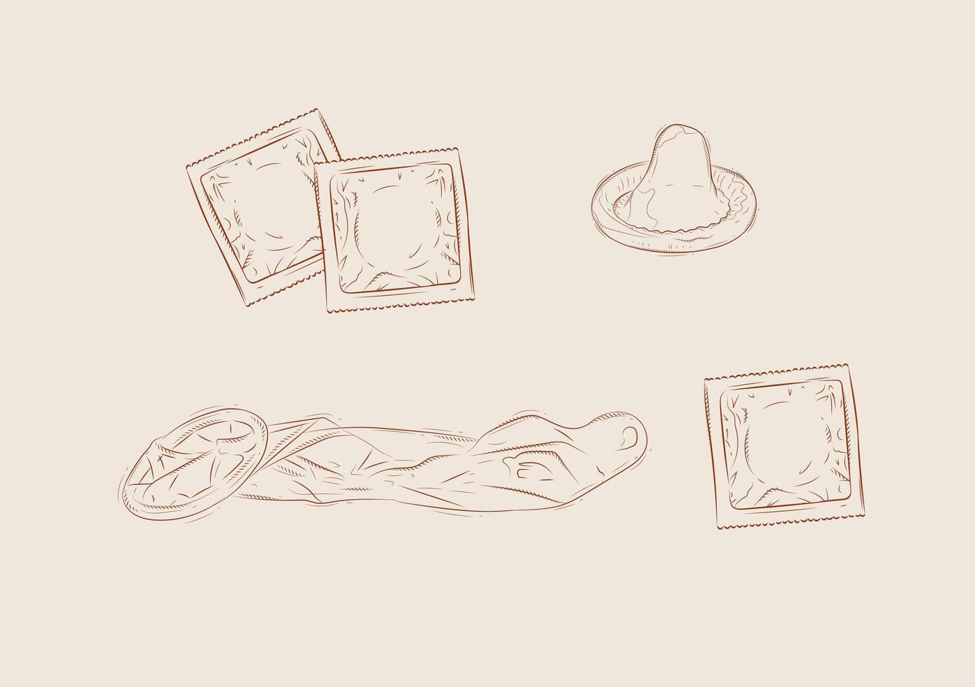 Packed and unpacked condoms set drawing on beige background vector