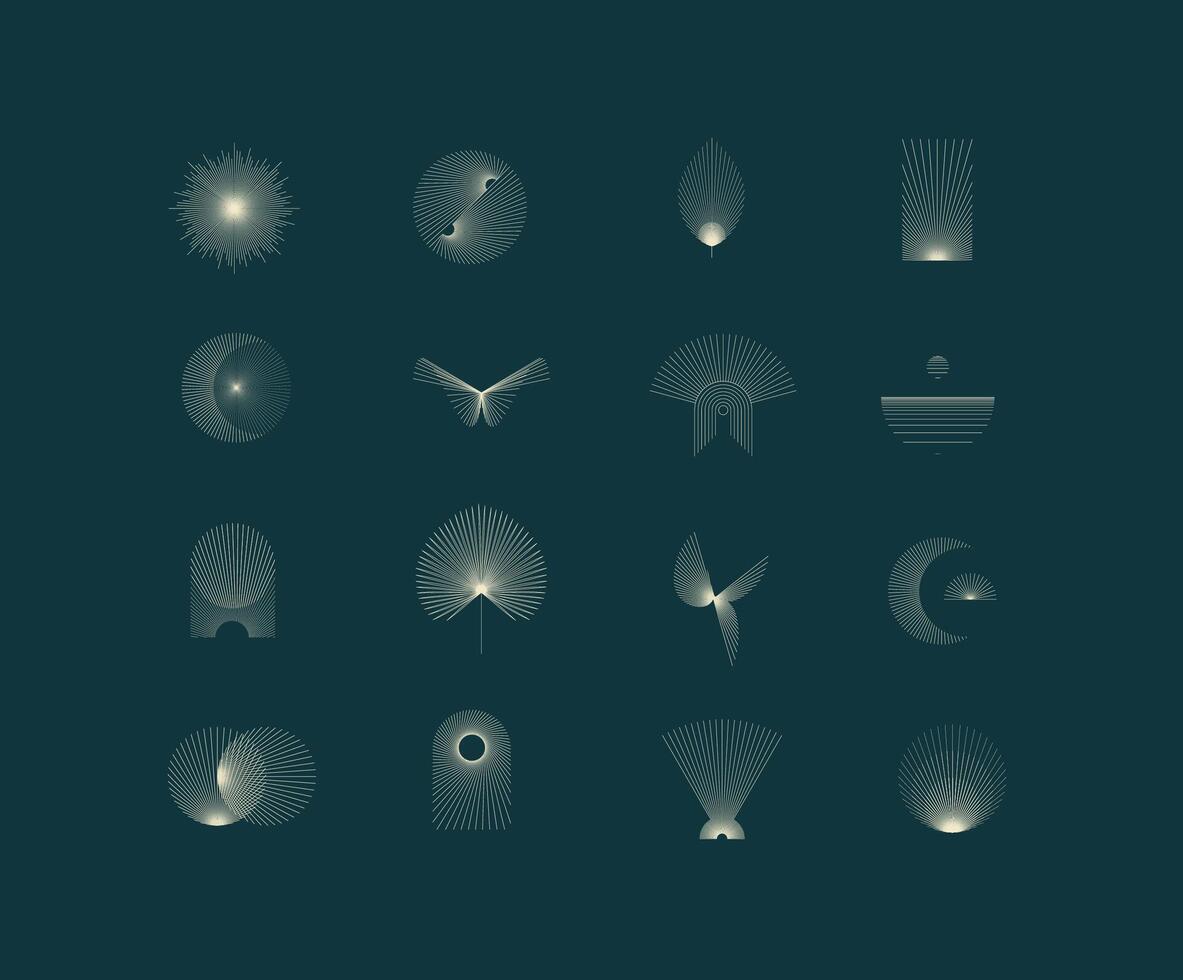 Geometric shapes and symbols with thin lines in abstract style drawing on dark turquoise background vector