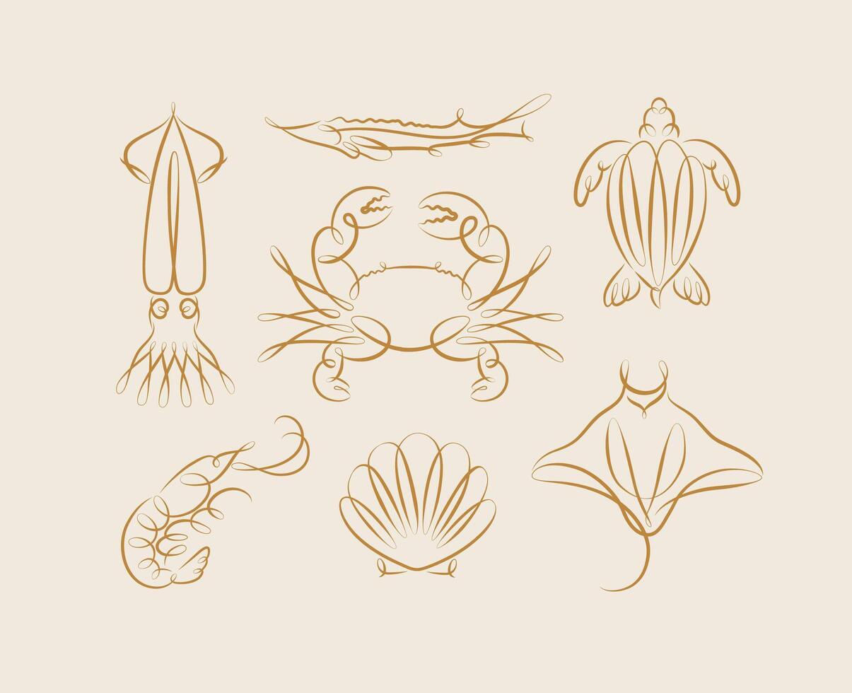 Filigree swirl sea and ocean creatures squid, fish, crab, turtle, shrimp, stingray, shell, scallop drawing on beige background vector