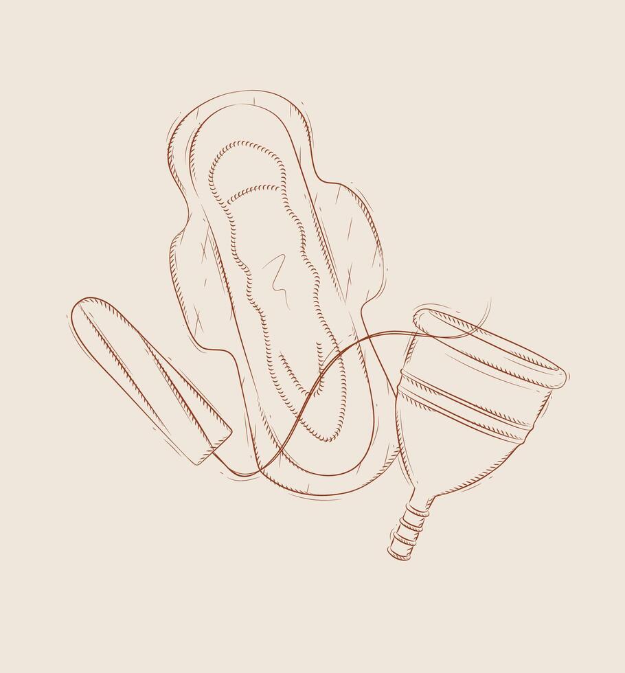 Tampon, women sanitary pad and menstrual cup set drawing on beige background vector