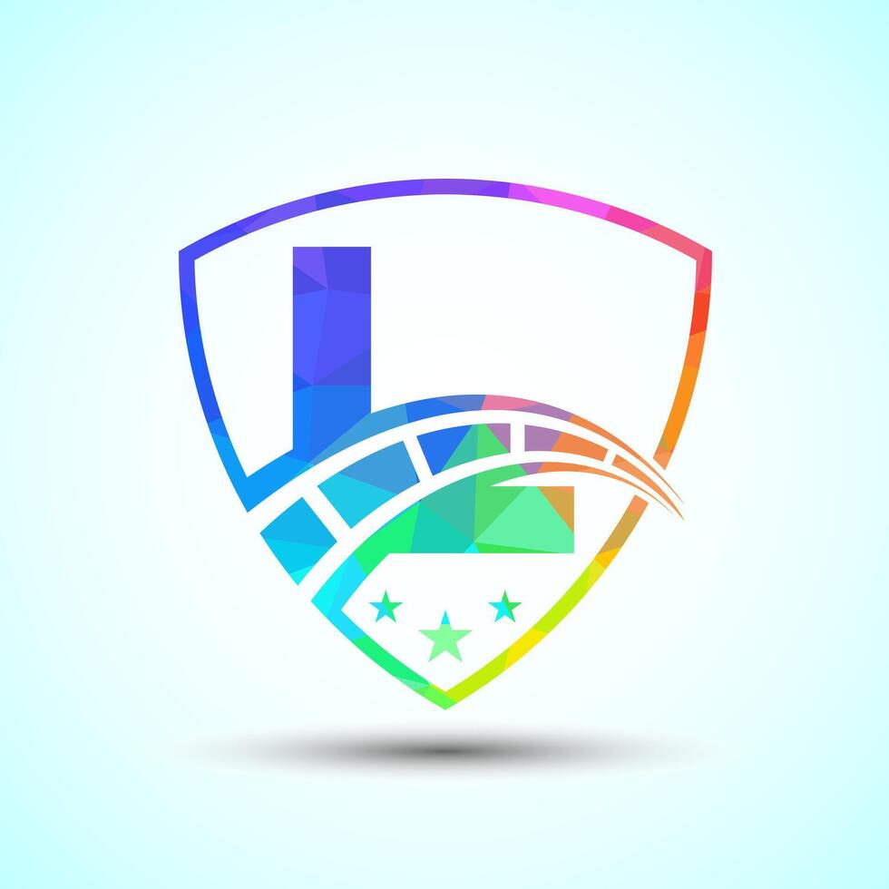Low poly alphabet L with speedometer and shield sign. The automotive logo design concept vector