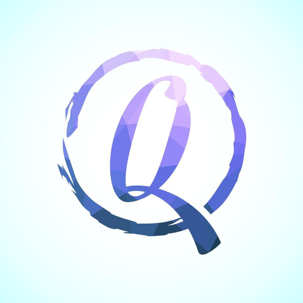Low poly alphabet Q, Hand drawn letter in a brush circle on white background vector