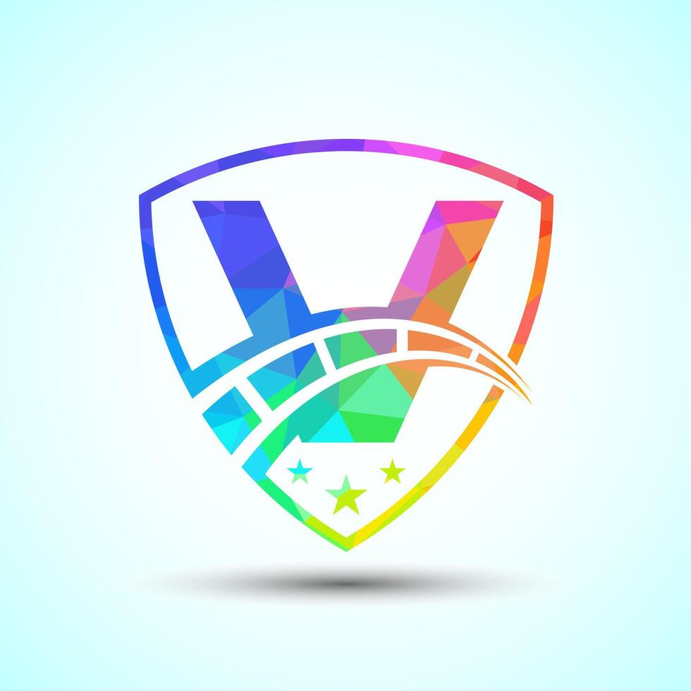 Low poly alphabet V with speedometer and shield sign. The automotive logo design concept vector
