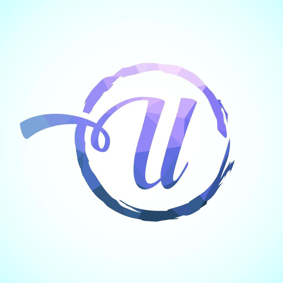 Low poly alphabet U, Hand drawn letter in a brush circle on white background vector