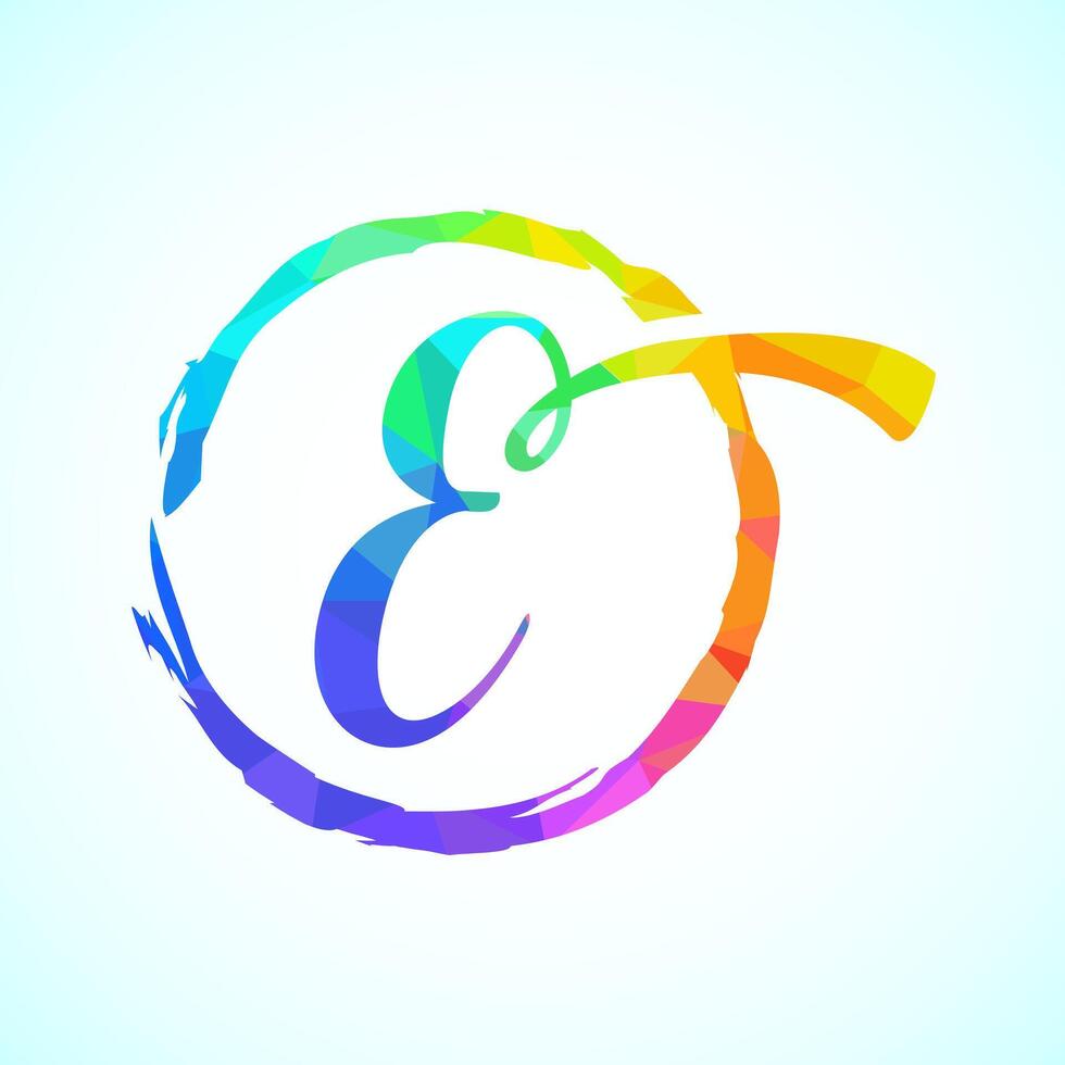 Low poly alphabet E, Hand drawn letter in a brush circle on white background vector