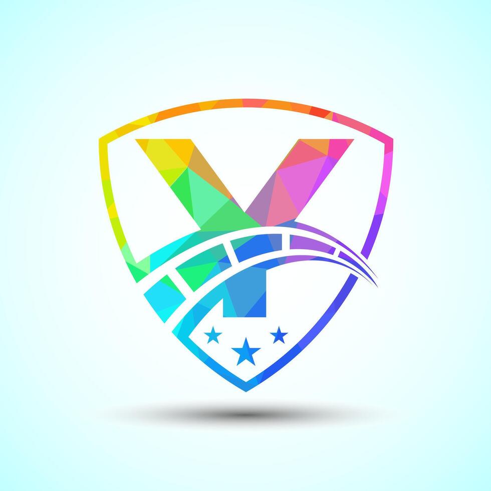 Low poly alphabet Y with speedometer and shield sign. The automotive logo design concept vector