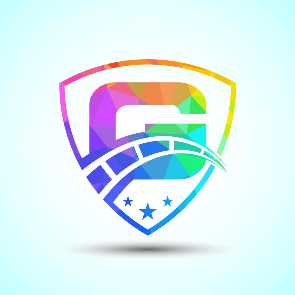 Low poly alphabet G with speedometer and shield sign. The automotive logo design concept vector