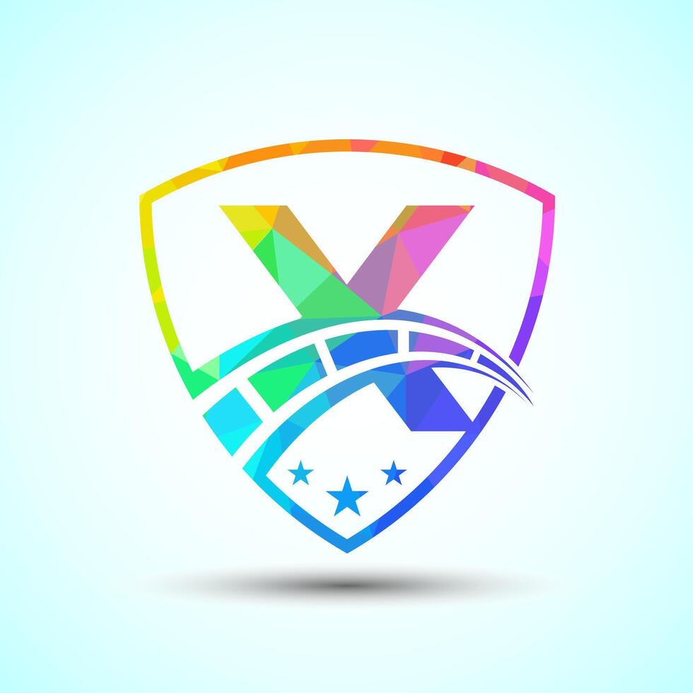 Low poly alphabet X with speedometer and shield sign. The automotive logo design concept vector