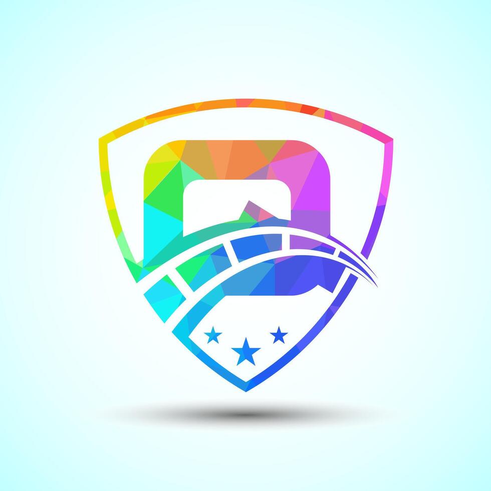 Low poly alphabet Q with speedometer and shield sign. The automotive logo design concept vector