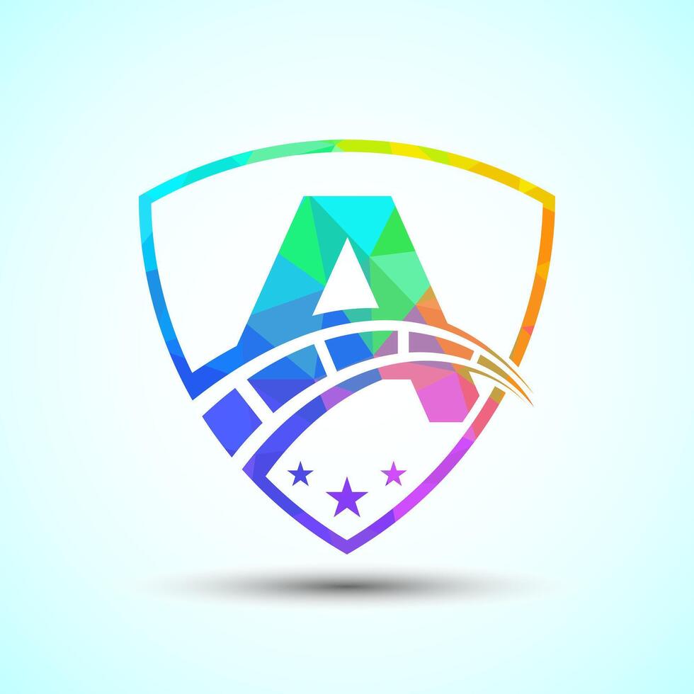 Low poly alphabet A with speedometer and shield sign. The automotive logo design concept vector